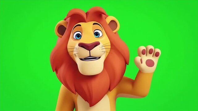Friendly cartoon lion waving with a green screen background