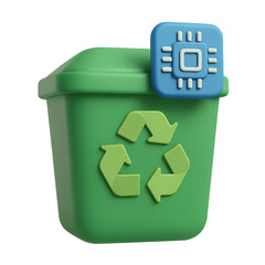 Green trash bin with recycle symbol and computer chip 3d render e waste concept high quality professional