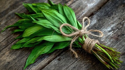 Fresh wild garlic bunch on rustic wood (2)