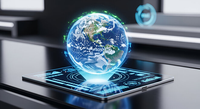 Holographic earth projection on a futuristic digital interface