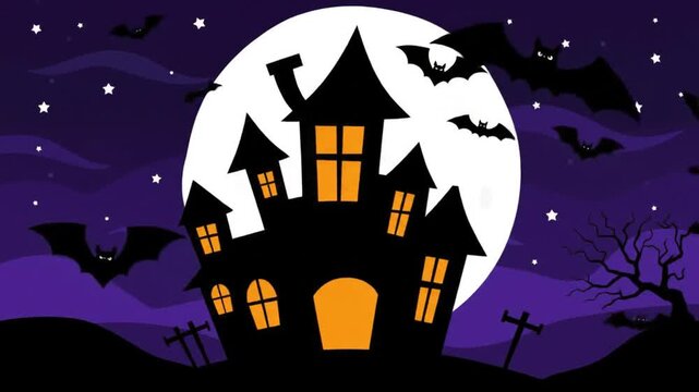 Spooky Halloween Night Scene with Haunted House and Bats