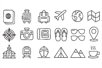 Travel icons vector set with vacation elements like passport luggage and airplane