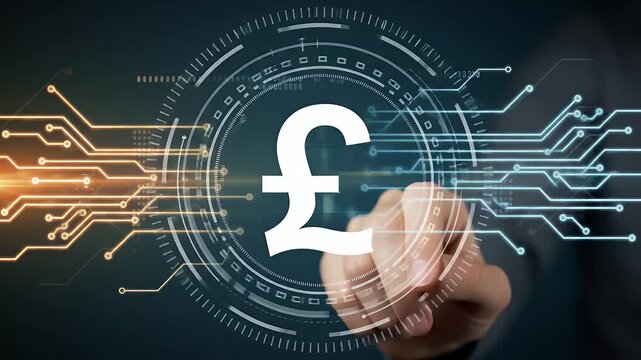Hand Interacting With Digital Pound Sterling Currency Symbol on Dark Blue Background