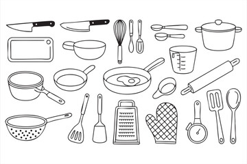 Kitchen utensils vector set with cookware and cooking tools illustration