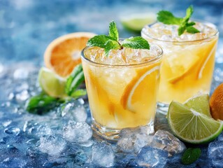 Two iced cocktails garnished with citrus slices and mint