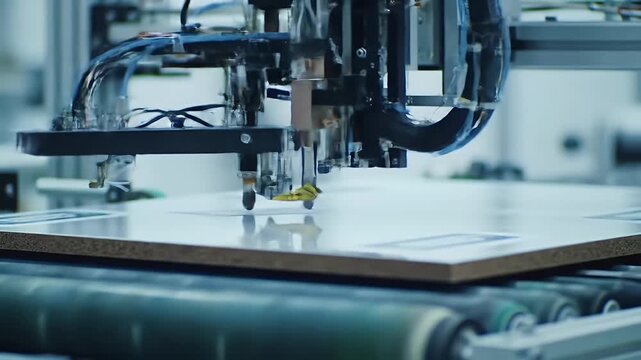Close Up of Automated Cutting Plotter Precisely Working on a Wooden Board Placed on a Conveyor Belt in a Bright Modern Factory for Furniture Making and Industrial Applications Demonstrating