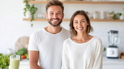 A smiling couple stands in a bright kitchen, ready to prepare healthy smoothies, showcasing a vibrant lifestyle.