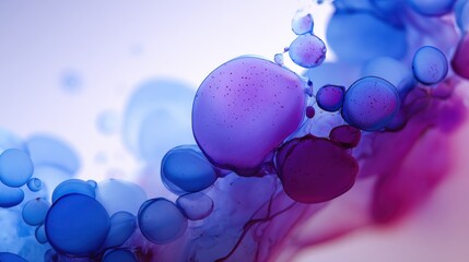 Macro photography of floating ink drops in creamy liquid with vibrant purple blue tones abstract artistic background