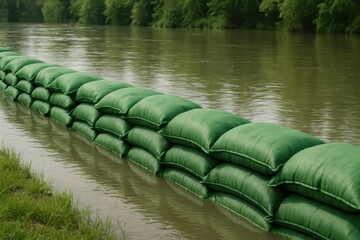 Obraz premium Flood barrier system. Green sandbags line a riverbank, providing flood protection amid calm waters and lush greenery.