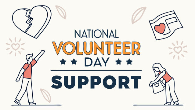 National Volunteer Day Support: A minimalist line art illustration depicting volunteerism, community support, and mending a broken heart, ideal for social media and website banners.