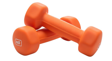 Pair of orange dumbbells for fitness and strength training isolated on transparent background