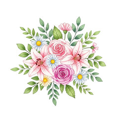 A Beautiful Bouquet of Watercolor Flowers Featuring Roses, Lilies, and Daisies, Isolated on White