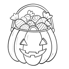 Hand-drawn Halloween pumpkin candy bucket with sweets outline