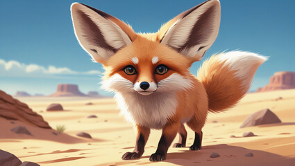 Obraz premium Cute fennec fox desert animal adorable mammal wildlife cartoon character illustration big ears pet sand