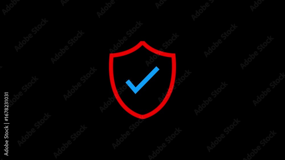 Poster neon shield icon with check mark sign animation on black background. shield security icon motion gra