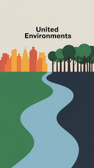 United Environments: Minimal Flat Art City, Forest, and Connecting River with Text Message