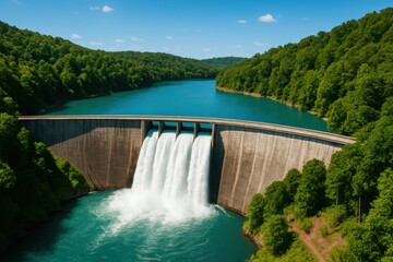 Flood barrier system. A stunning waterfall cascading over a dam surrounded by lush green forest and clear blue water.