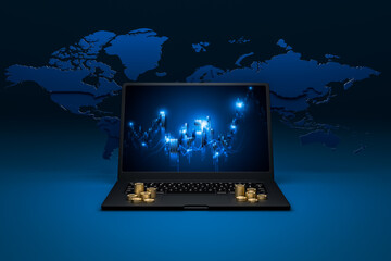 stock charts on laptop screens represent finance and coin stack represent finance.