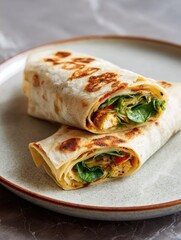 Two halves of a savory tortilla wrap, filled with tofu, spinach, and vegetables