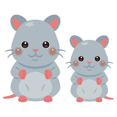 お座りしたネズミの親子イラスト