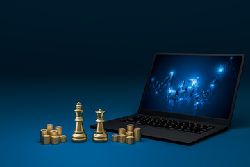 Chess and money coin represents corporate leaders and stock charts on laptop screens represent finance.