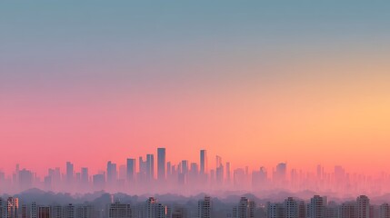 Minimalist futuristic urban skyline with pastel gradient horizon, clean silhouette of modern buildings, wide background template with empty space for text.