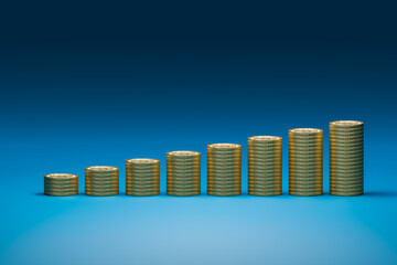 The coins are arranged in groups and leave space in the middle. 3D model.