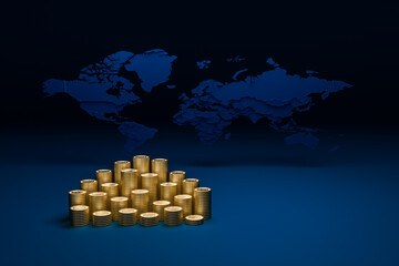 Group money gold coin stack represent finance and world map background.