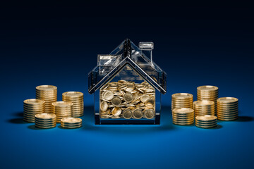 House bank coin and group coin stack on blue background. Save money concept.