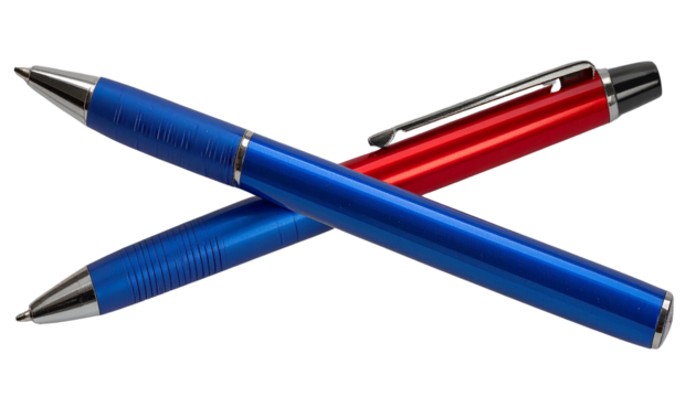 Red and blue pens isolated on a transparent background. Perfect office and school stationery PNG.
