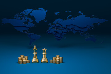 Chess represents corporate leaders and money stack represent finance and world map background represent world wide data.