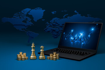 Chess and money coin represents corporate leaders and stock charts on laptop screens represent finance and world map background.