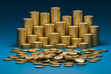 Group money gold coin stack and Gold coin falling on the ground represent finance and blue background.