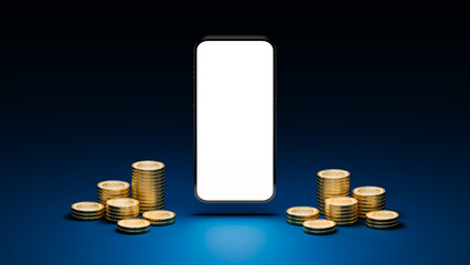 The coins are arranged in groups and mobile phone in the middle and blank white screen.
