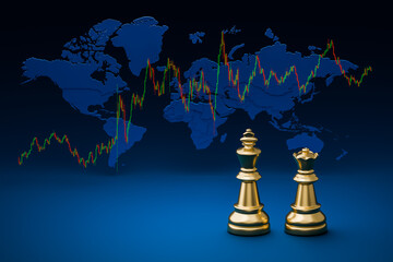 Stock chart on blue background with arrow pointing up meaning of financial trading. Chess represents corporate leaders and world map background.