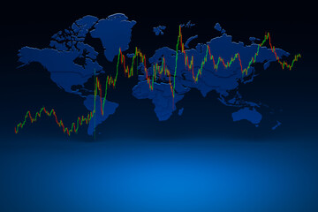 Stock chart, stock bar and world map dot style on blue background conveying the meaning of financial trading.