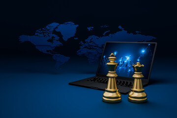Chess, laptop and world map Chess represents corporate leaders and stock charts on laptop screens represent finance.
