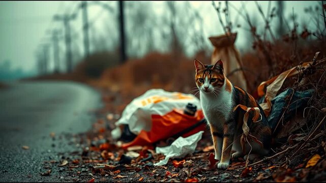A seated calico cat sits amid autumn leaves and roadside trash on a gray overcast day