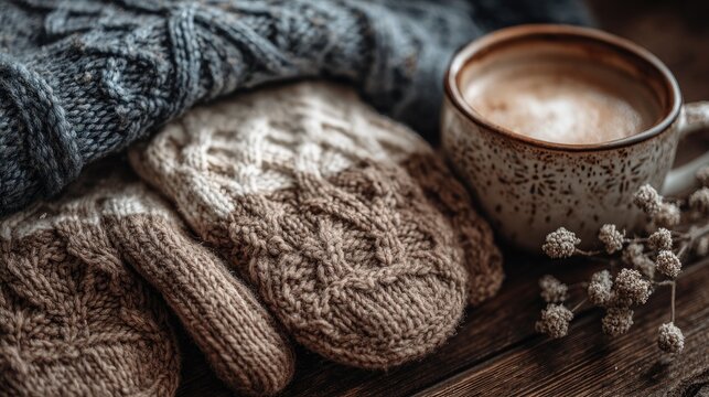 Cozy winter attire and warm drink