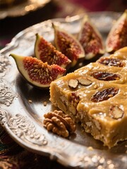 Closeup of a delicious fig and nut bar served on a vintage silver platter with fresh figs