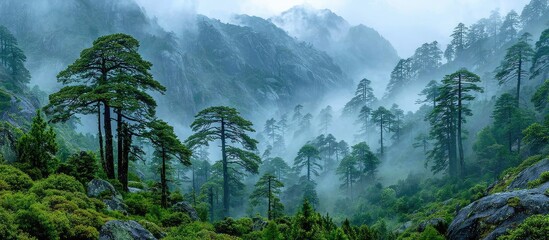 Misty mountain valley with towering pine trees. Lush green foliage and rocky terrain blanket the slopes, with a thick veil of mist shrouding the peaks