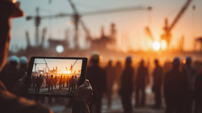 Construction site tablet worker crane silhouette sunrise planning. Construction site sunrise with tablet view, worker silhouette, crane background - Powered by Adobe
