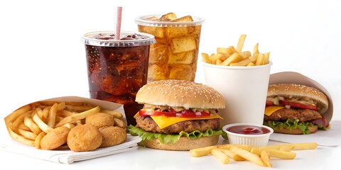 Delicious Cheeseburger Combo Meal:  French Fries, Chicken Nuggets, Soda, Ketchup, Fast Food, Studio Shot