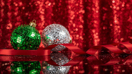 Elegant red ribbon lies gracefully on a reflective surface, with scattered glitter and bokeh light effects creating a glamorous and festive atmosphere. ai generative