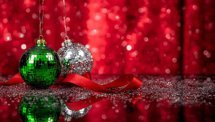 Elegant red ribbon lies gracefully on a reflective surface, with scattered glitter and bokeh light effects creating a glamorous and festive atmosphere. ai generative