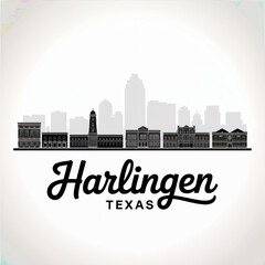 Fototapeta premium Harlingen Texas Skyline Silhouette — A Gateway City in the Rio Grande Valley Vector Illustration