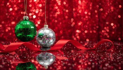 Elegant red ribbon lies gracefully on a reflective surface, with scattered glitter and bokeh light effects creating a glamorous and festive atmosphere. ai generative