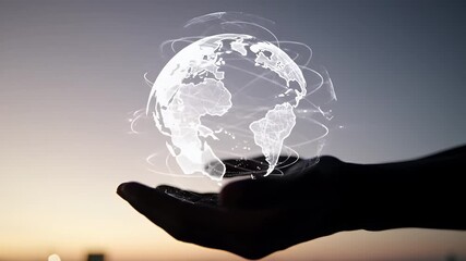 Silhouette Hands Holding Glowing Digital Globe at Sunset Cityscape - Powered by Adobe