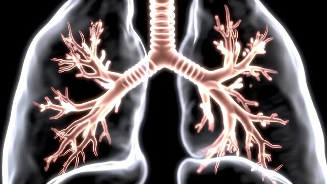 Detailed 3D Animation of Human Lungs and Respiratory System Featuring Trachea and Bronchial Tree with Translucent Visuals for Medical and Educational Purposes Representing Respiratory Health