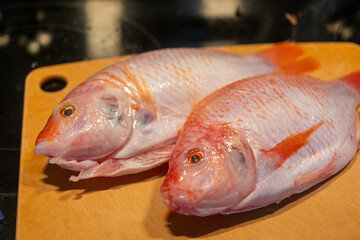 Red tilapia on a wooden cutting board ready for preparation and cooking
